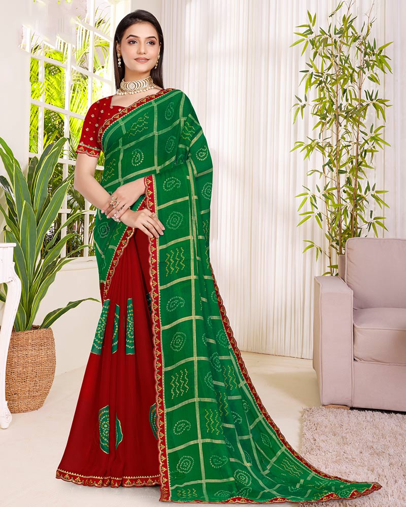 Vishal Prints Dark Green Printed Chiffon Traditional Print Saree With Foil Print And Cut Work Embroidery Border
