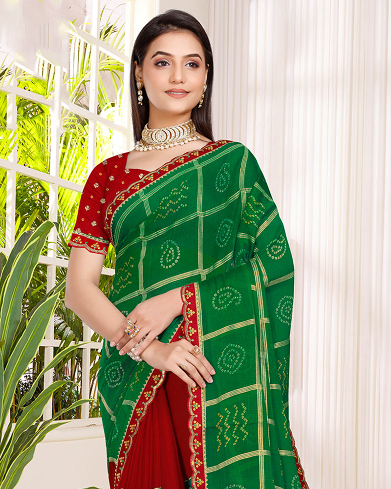 Vishal Prints Dark Green Printed Chiffon Traditional Print Saree With Foil Print And Cut Work Embroidery Border
