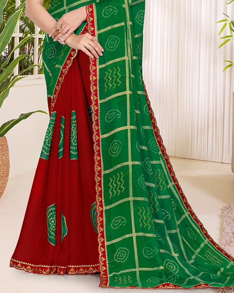 Vishal Prints Dark Green Printed Chiffon Traditional Print Saree With Foil Print And Cut Work Embroidery Border
