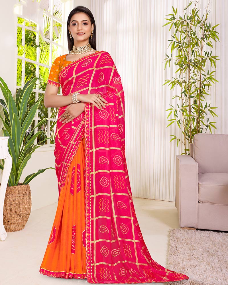 Vishal Prints Bright Pink Printed Chiffon Traditional Print Saree With Foil Print And Cut Work Embroidery Border