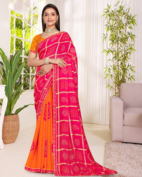 Vishal Prints Bright Pink Printed Chiffon Traditional Print Saree With Foil Print And Cut Work Embroidery Border