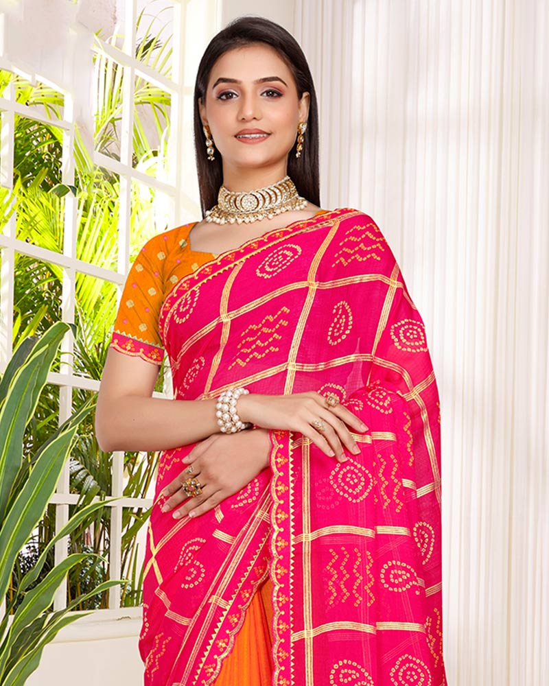 Vishal Prints Bright Pink Printed Chiffon Traditional Print Saree With Foil Print And Cut Work Embroidery Border