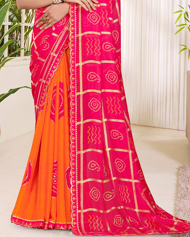 Vishal Prints Bright Pink Printed Chiffon Traditional Print Saree With Foil Print And Cut Work Embroidery Border