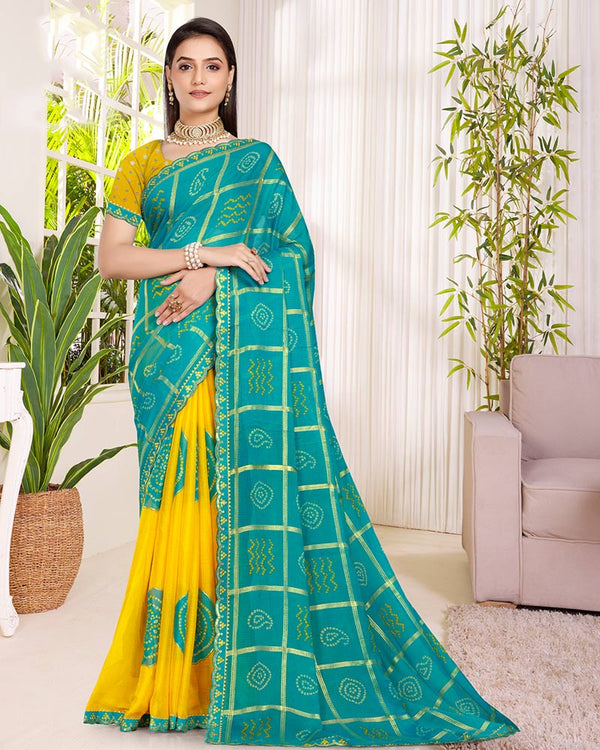 Vishal Prints Bondi Blue Printed Chiffon Traditional Print Saree With Foil Print And Cut Work Embroidery Border
