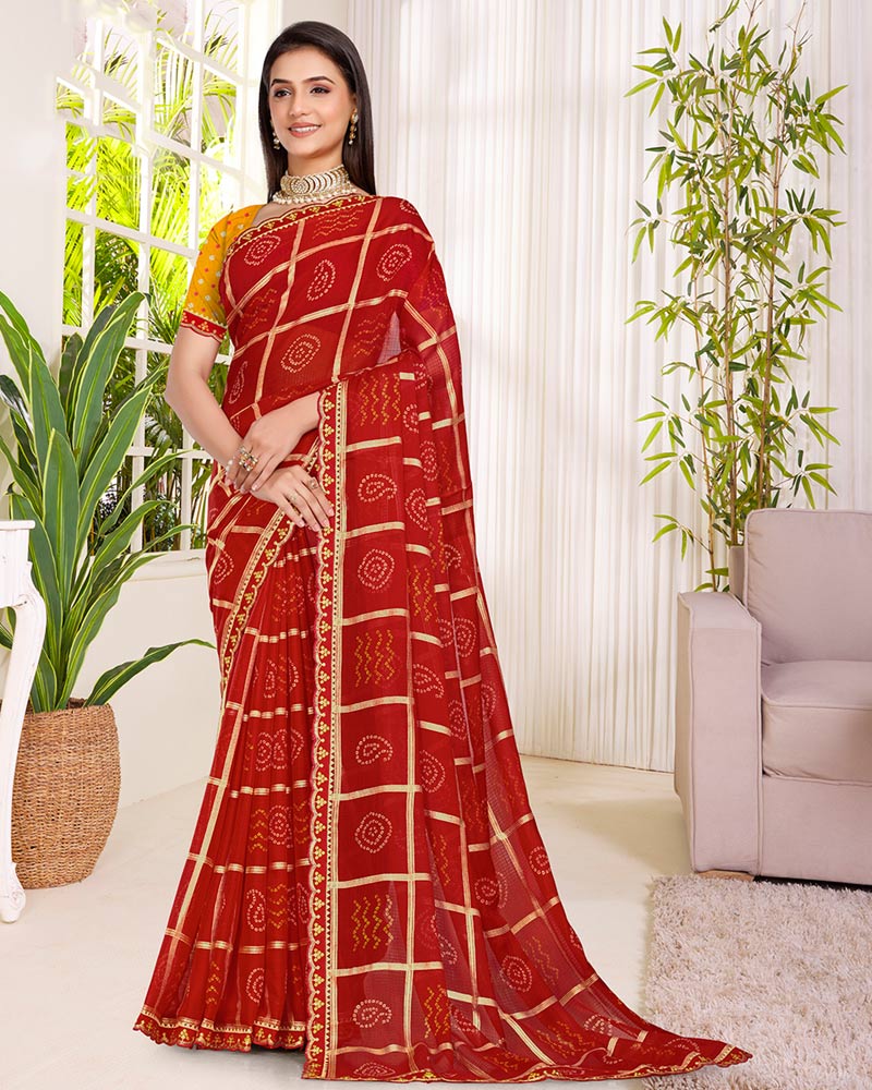 Vishal Prints Crimson Red Printed Chiffon Traditional Print Saree With Foil Print And Cut Work Embroidery Border