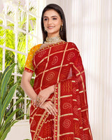 Vishal Prints Crimson Red Printed Chiffon Traditional Print Saree With Foil Print And Cut Work Embroidery Border