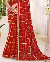Vishal Prints Crimson Red Printed Chiffon Traditional Print Saree With Foil Print And Cut Work Embroidery Border