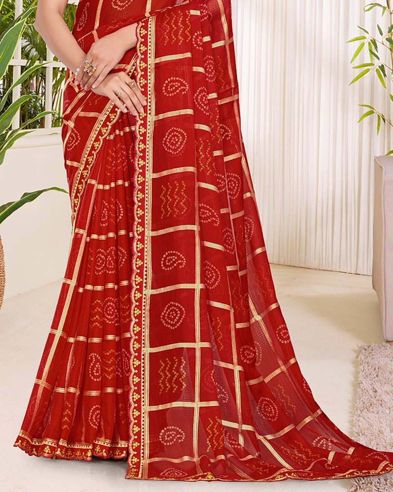 Vishal Prints Crimson Red Printed Chiffon Traditional Print Saree With Foil Print And Cut Work Embroidery Border