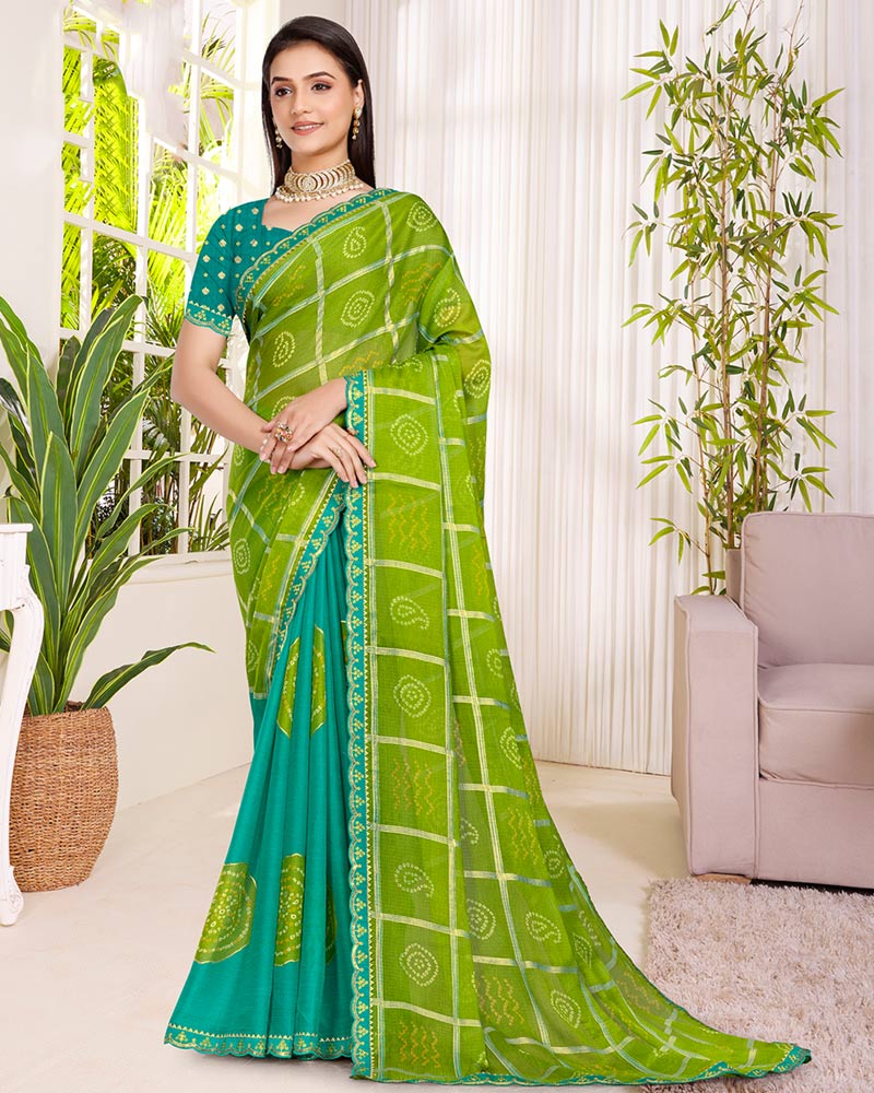 Vishal Prints Dark Lime Green Printed Chiffon Traditional Print Saree With Foil Print And Cut Work Embroidery Border
