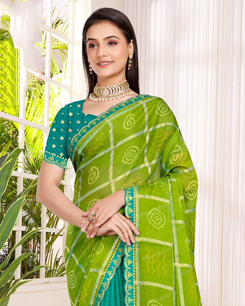 Vishal Prints Dark Lime Green Printed Chiffon Traditional Print Saree With Foil Print And Cut Work Embroidery Border