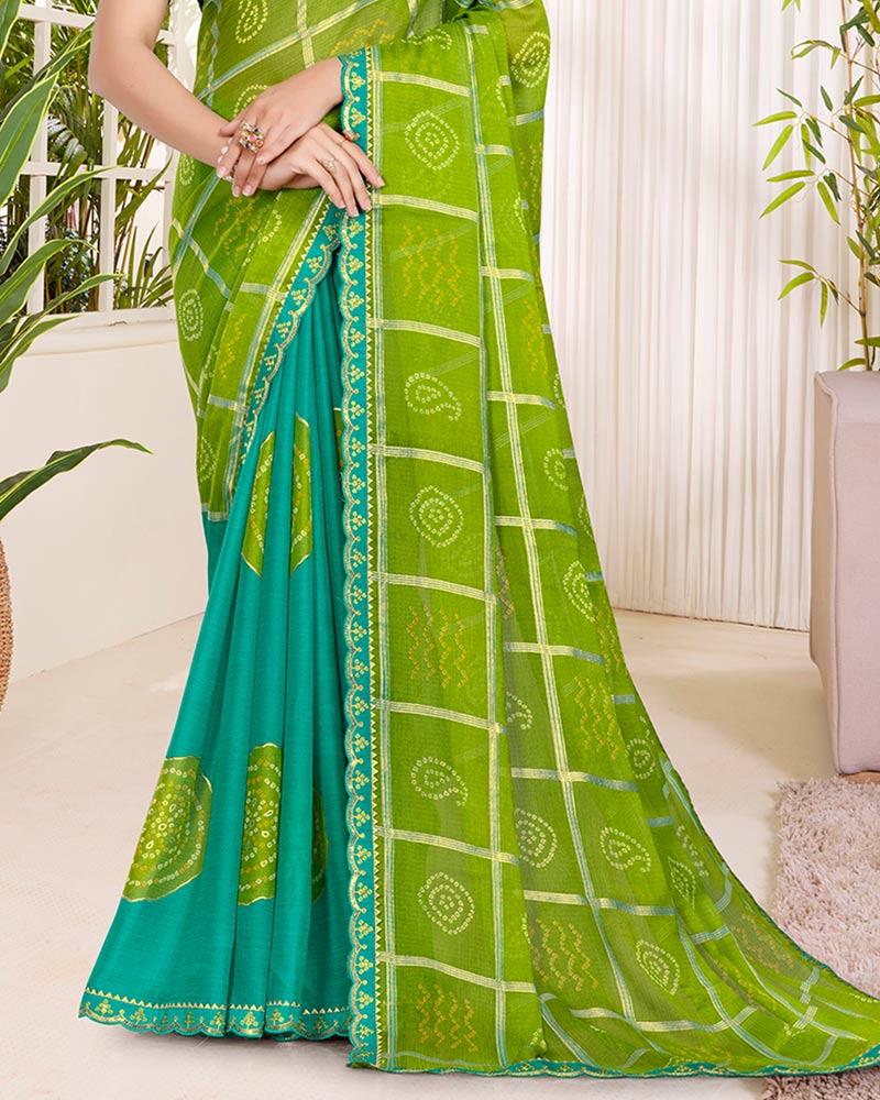 Vishal Prints Dark Lime Green Printed Chiffon Traditional Print Saree With Foil Print And Cut Work Embroidery Border