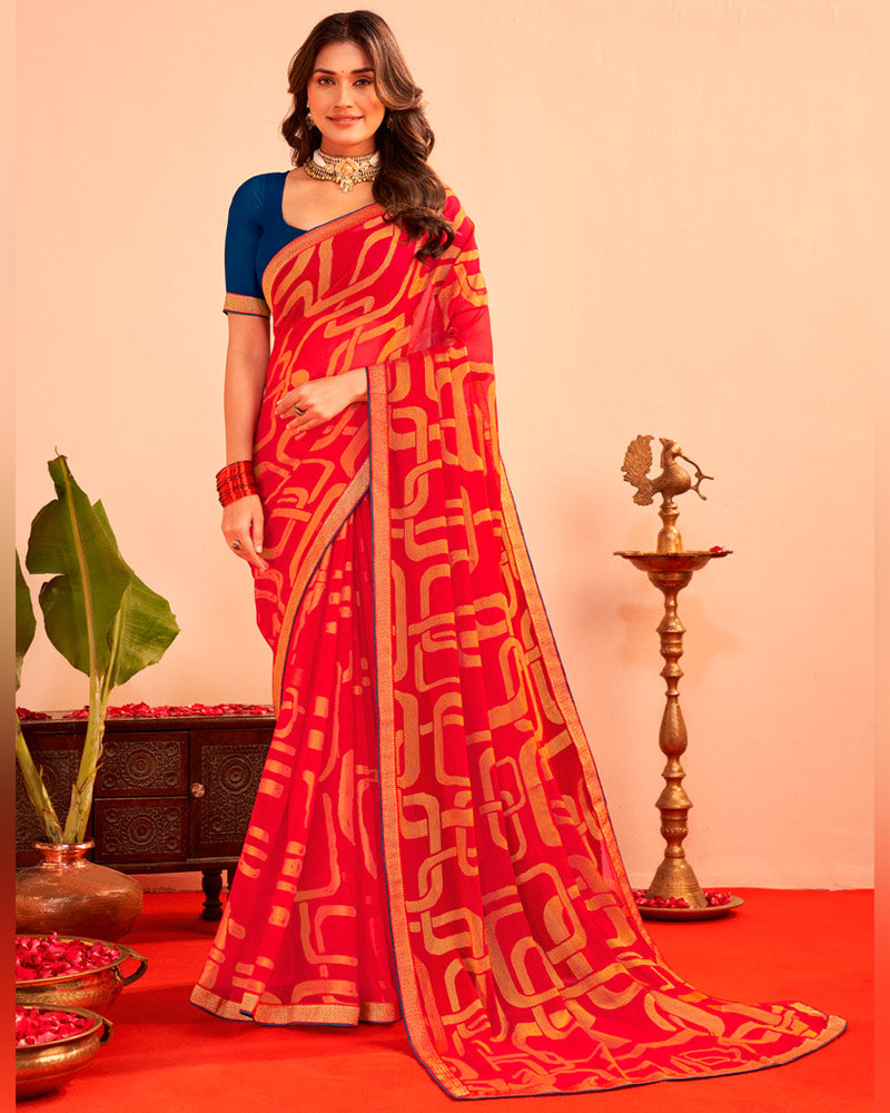 Vishal Prints Lava Red Printed Chiffon-Brasso Saree With Zari Border