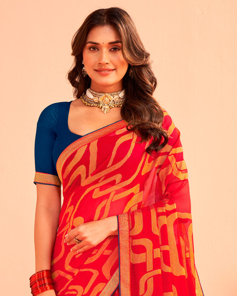 Vishal Prints Lava Red Printed Chiffon-Brasso Saree With Zari Border