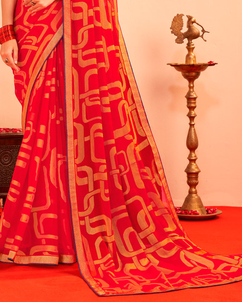 Vishal Prints Lava Red Printed Chiffon-Brasso Saree With Zari Border