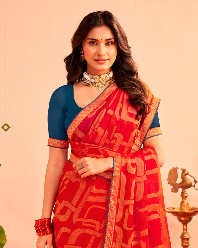 Vishal Prints Lava Red Printed Chiffon-Brasso Saree With Zari Border
