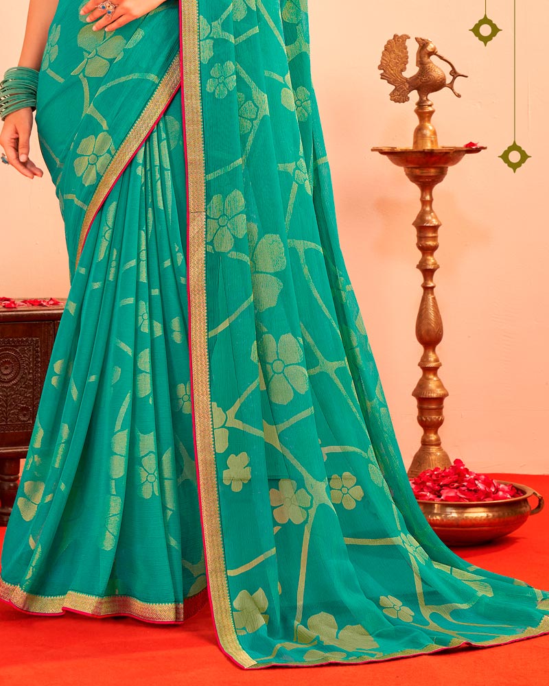 Vishal Prints Light Sea Green Printed Chiffon-Brasso Saree With Zari Border