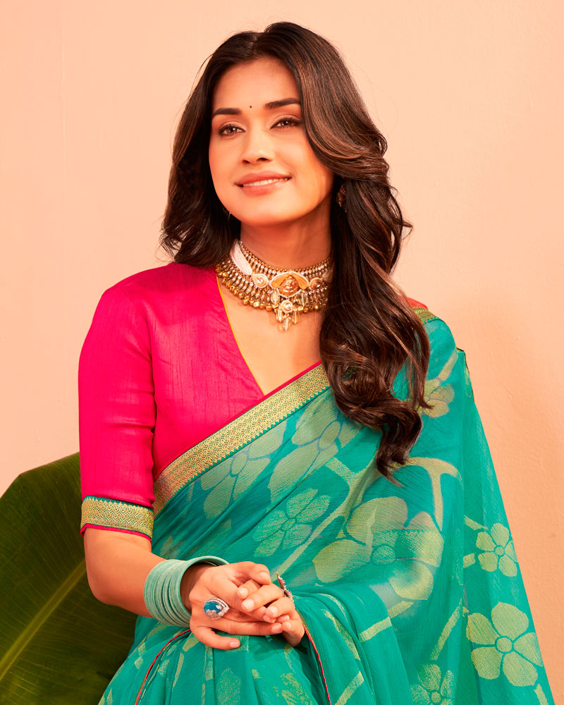 Vishal Prints Light Sea Green Printed Chiffon-Brasso Saree With Zari Border