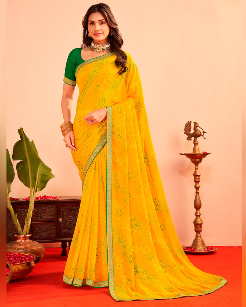 Vishal Prints Golden Yellow Printed Chiffon-Brasso Saree With Zari Border
