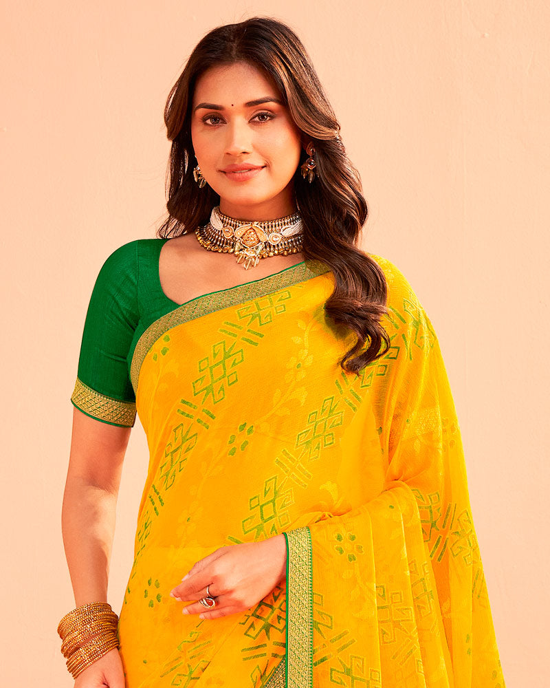 Vishal Prints Golden Yellow Printed Chiffon-Brasso Saree With Zari Border