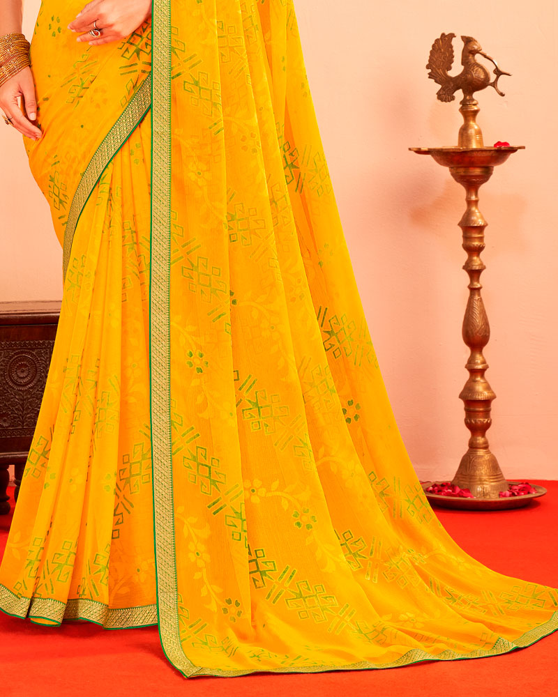 Vishal Prints Golden Yellow Printed Chiffon-Brasso Saree With Zari Border