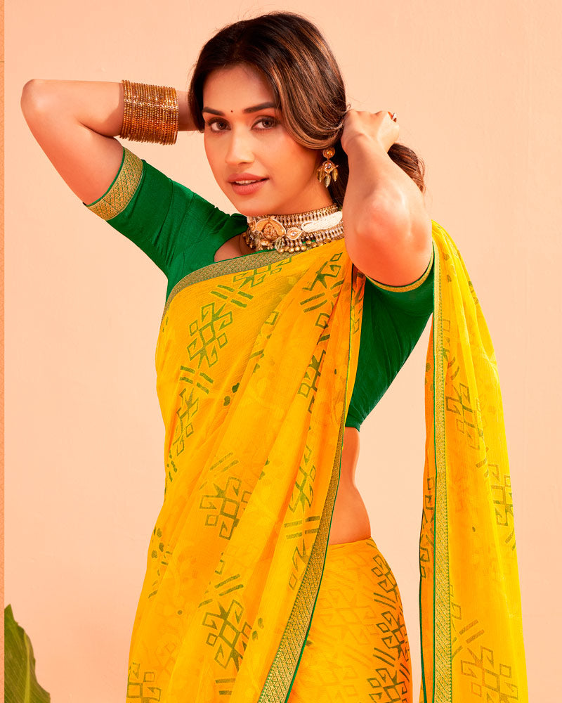 Vishal Prints Golden Yellow Printed Chiffon-Brasso Saree With Zari Border