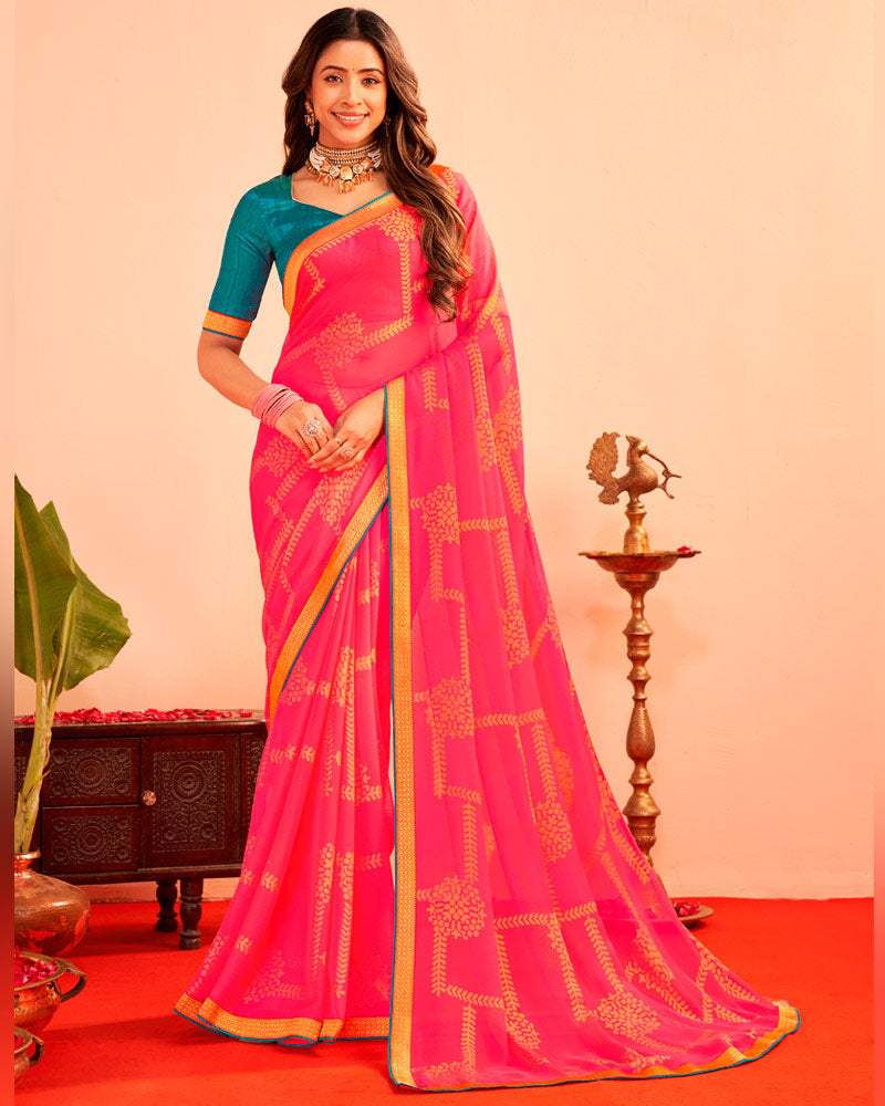 Vishal Prints Amaranth Pink Printed Chiffon-Brasso Saree With Zari Border