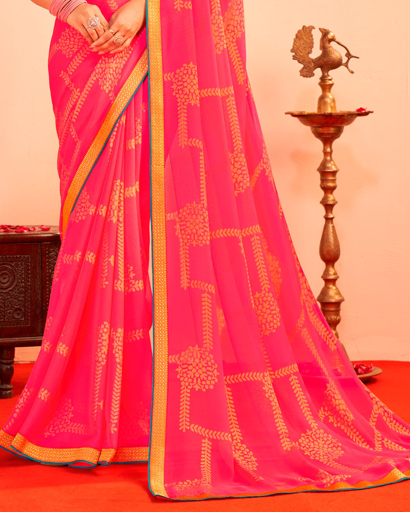 Vishal Prints Amaranth Pink Printed Chiffon-Brasso Saree With Zari Border