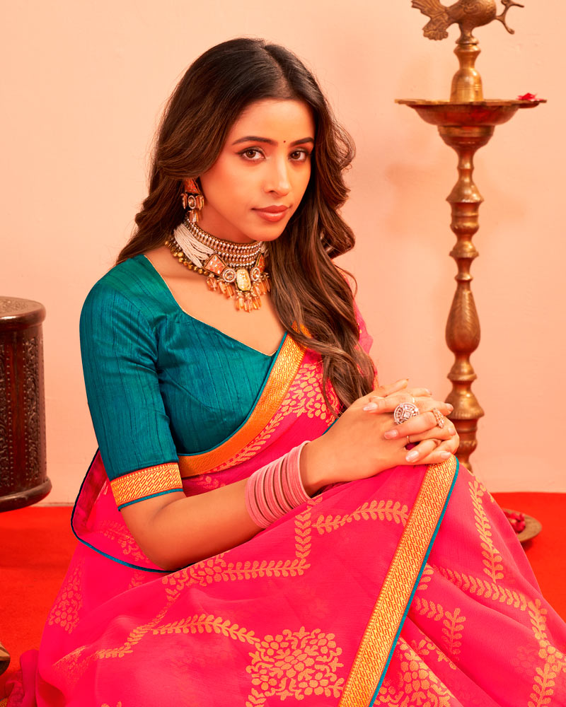 Vishal Prints Amaranth Pink Printed Chiffon-Brasso Saree With Zari Border