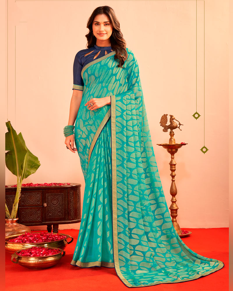 Vishal Prints Teal Green Printed Chiffon-Brasso Saree With Zari Border