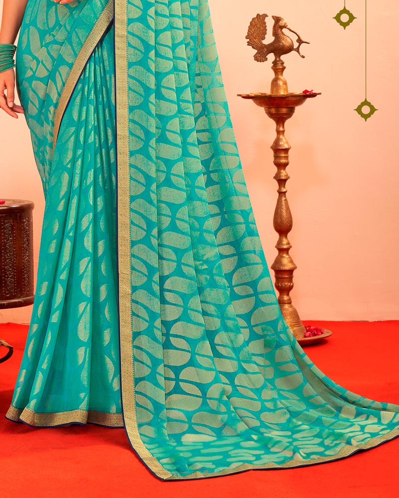 Vishal Prints Teal Green Printed Chiffon-Brasso Saree With Zari Border