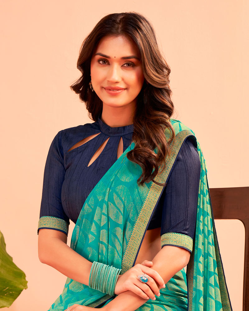 Vishal Prints Teal Green Printed Chiffon-Brasso Saree With Zari Border