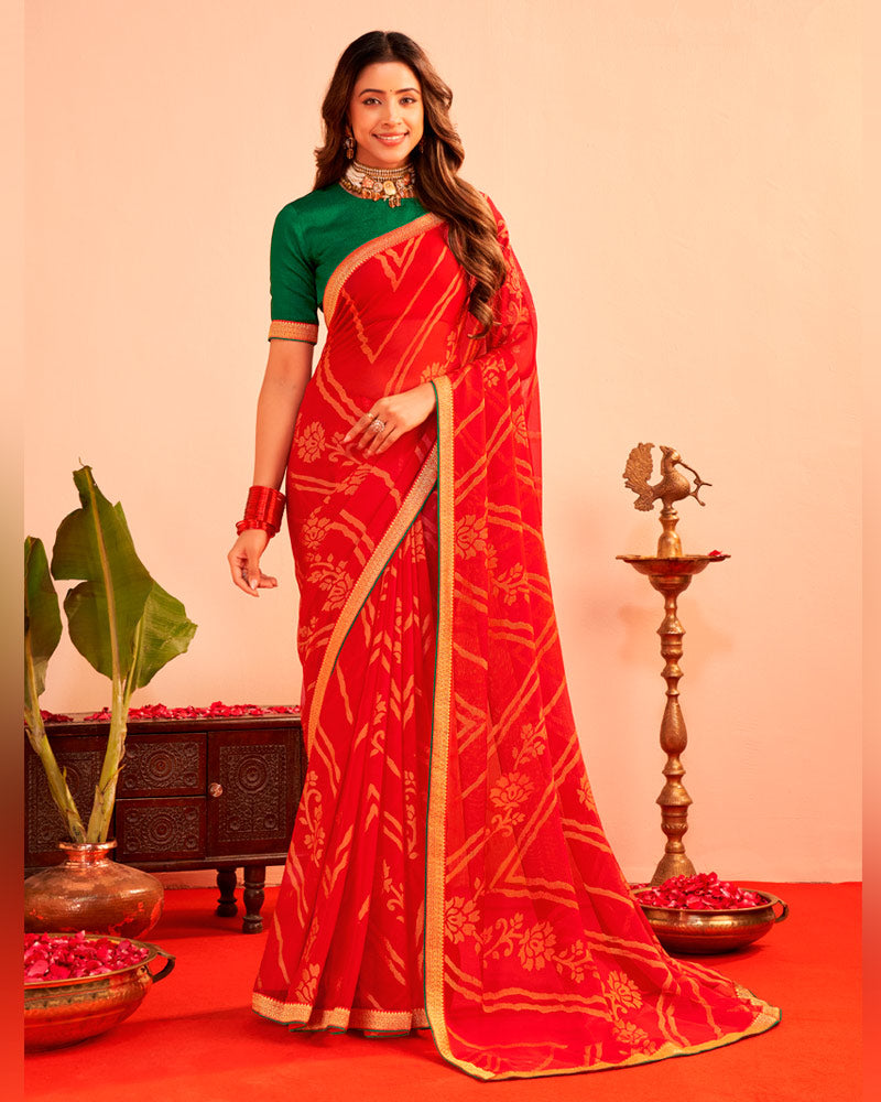 Vishal Prints Valentine Red Printed Chiffon-Brasso Saree With Zari Border