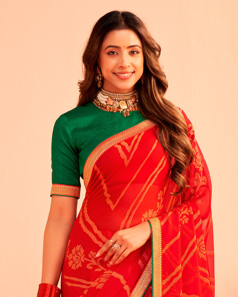Vishal Prints Valentine Red Printed Chiffon-Brasso Saree With Zari Border