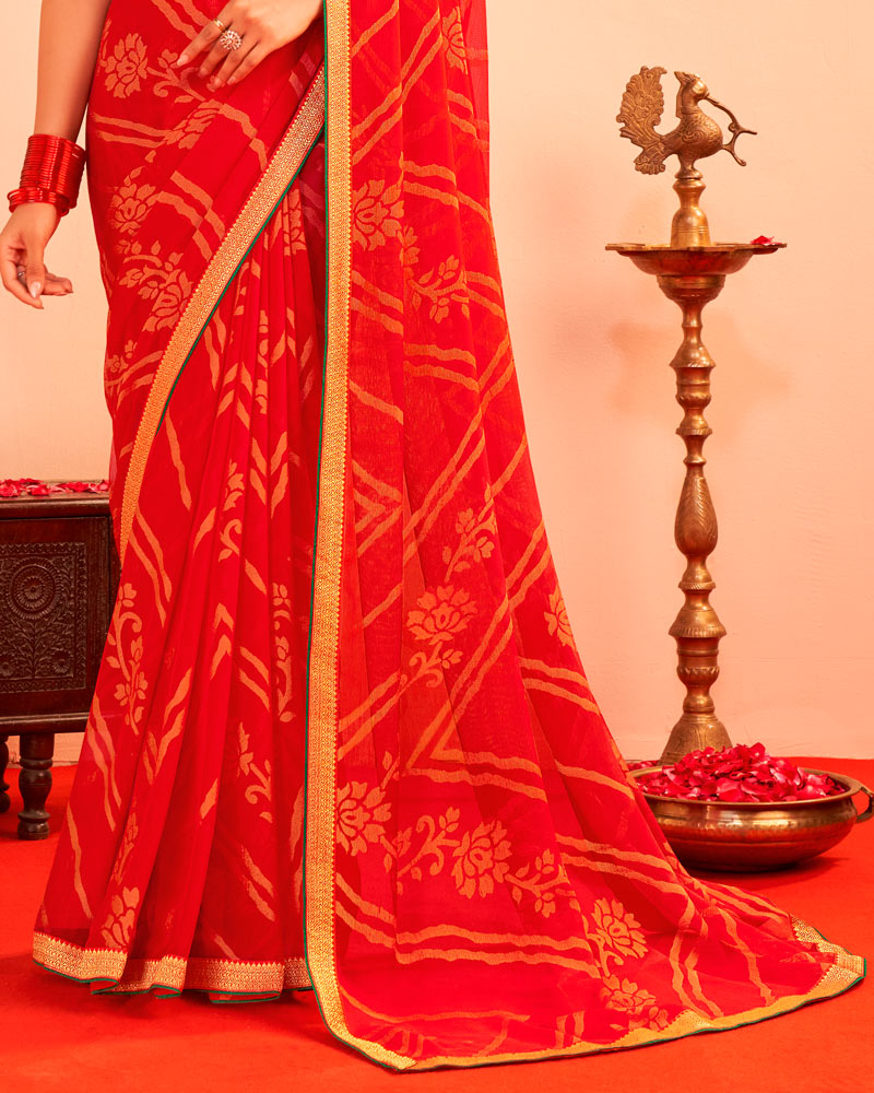 Vishal Prints Valentine Red Printed Chiffon-Brasso Saree With Zari Border