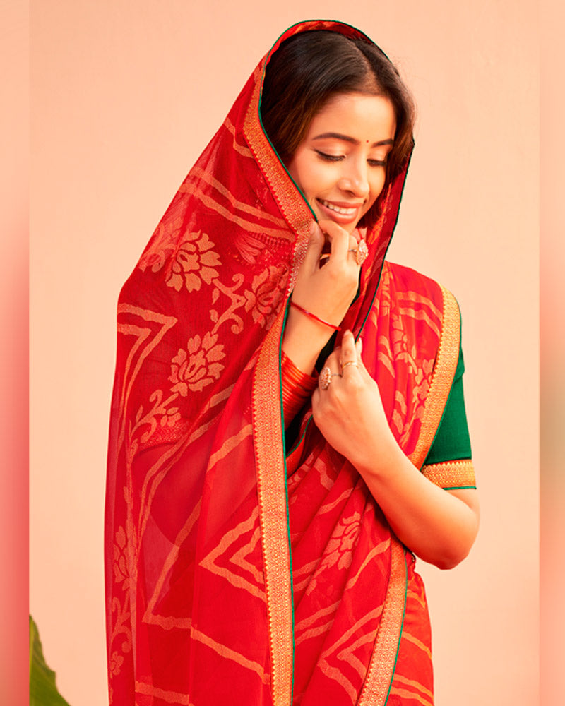 Vishal Prints Valentine Red Printed Chiffon-Brasso Saree With Zari Border