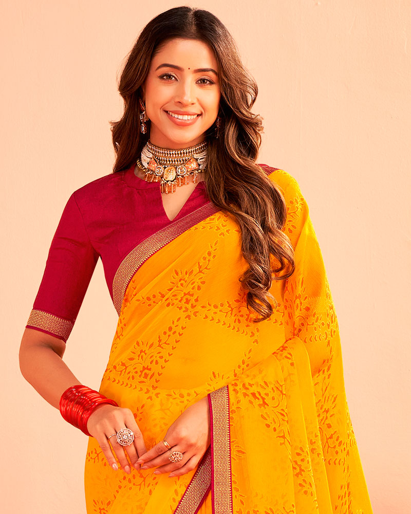 Vishal Prints Dark Yellowish Orange Printed Chiffon-Brasso Saree With Zari Border