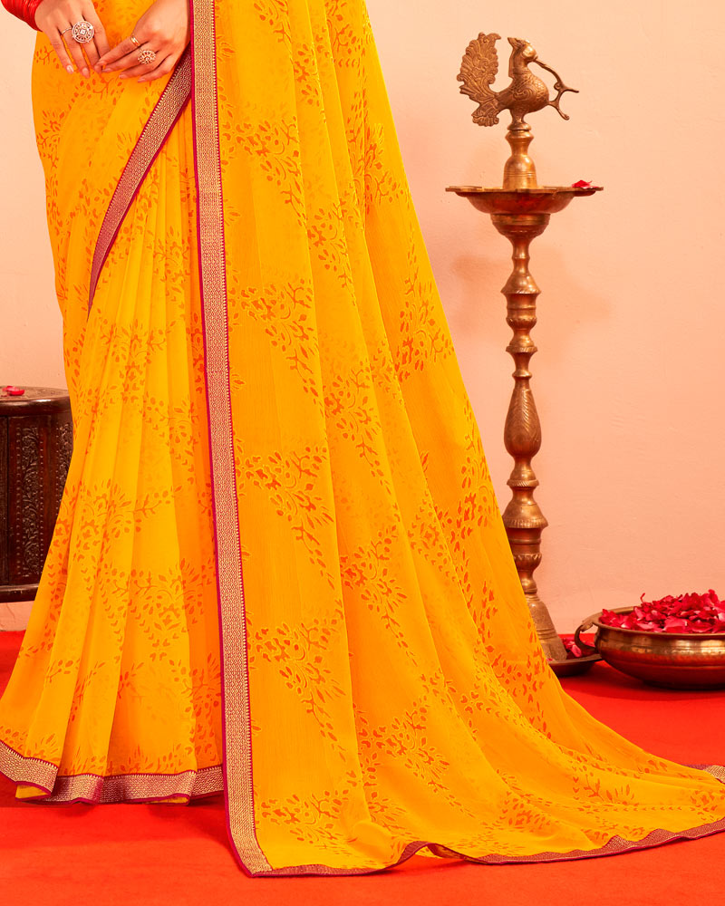 Vishal Prints Dark Yellowish Orange Printed Chiffon-Brasso Saree With Zari Border