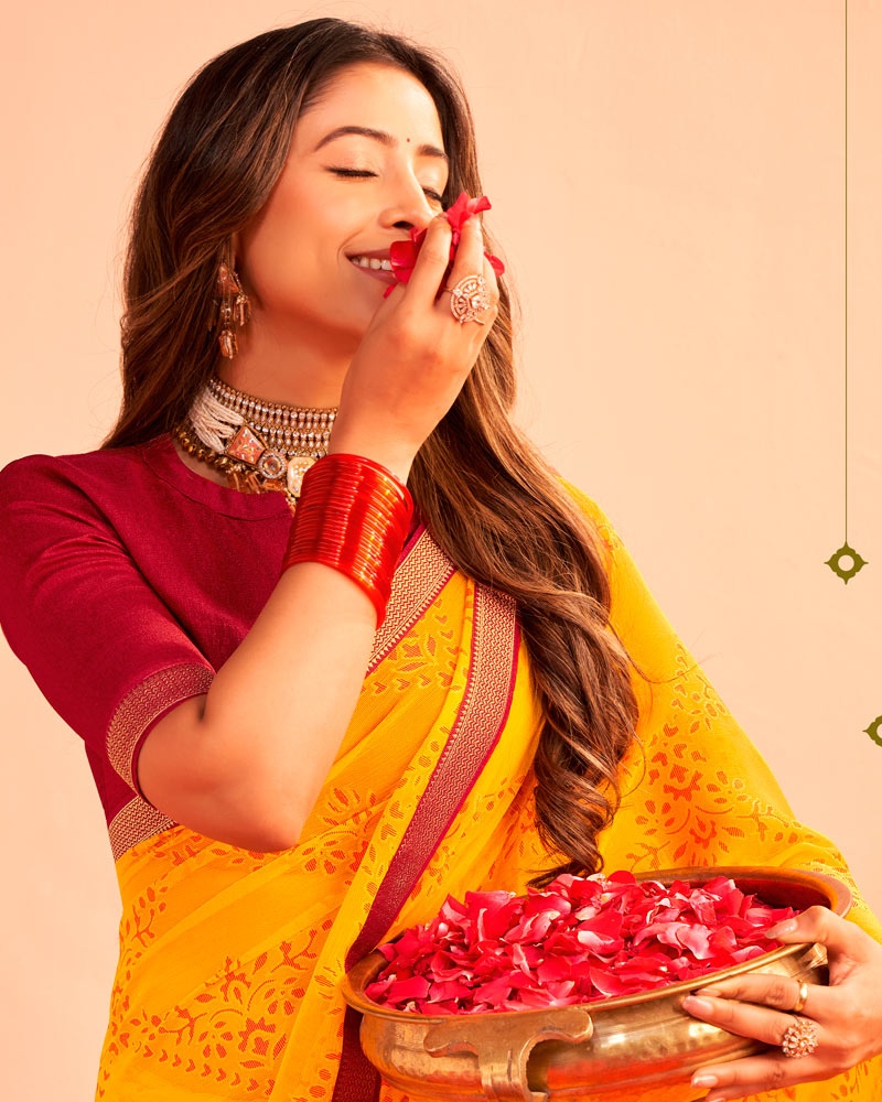 Vishal Prints Dark Yellowish Orange Printed Chiffon-Brasso Saree With Zari Border