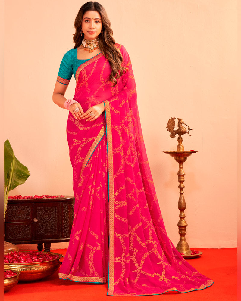 Vishal Prints Raspberry Pink Printed Chiffon-Brasso Saree With Zari Border