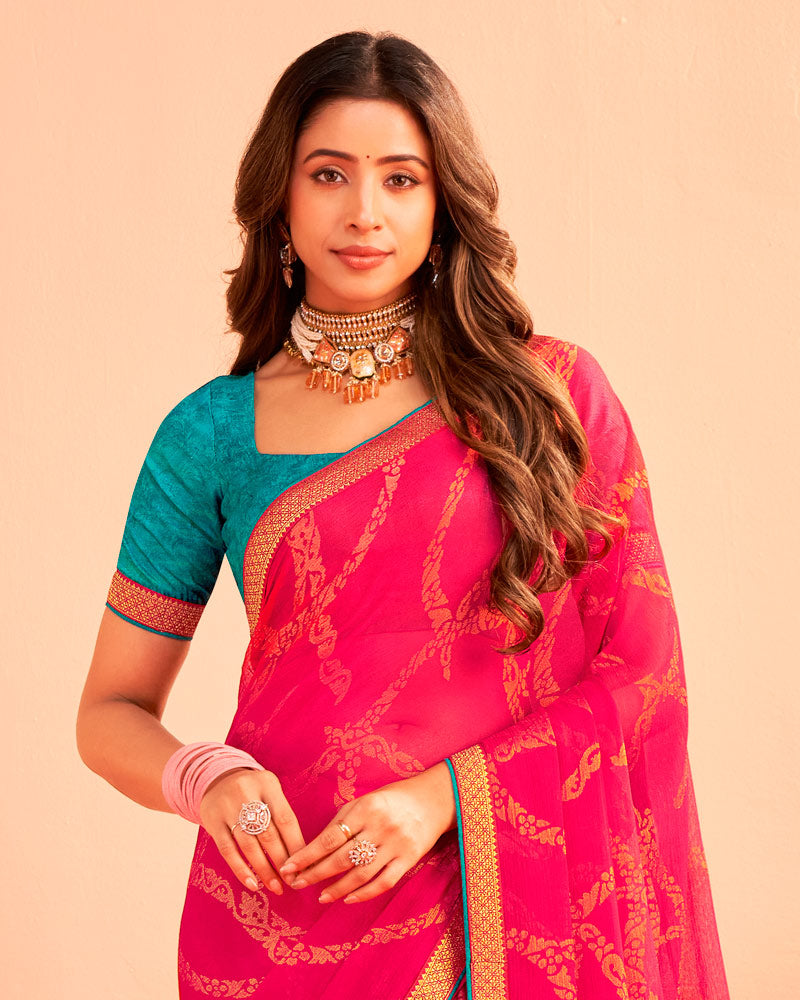 Vishal Prints Raspberry Pink Printed Chiffon-Brasso Saree With Zari Border