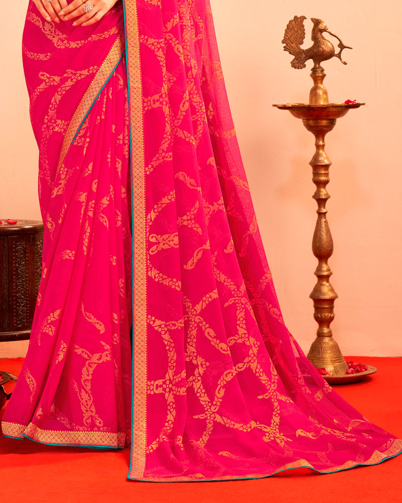 Vishal Prints Raspberry Pink Printed Chiffon-Brasso Saree With Zari Border