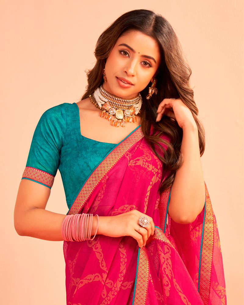 Vishal Prints Raspberry Pink Printed Chiffon-Brasso Saree With Zari Border