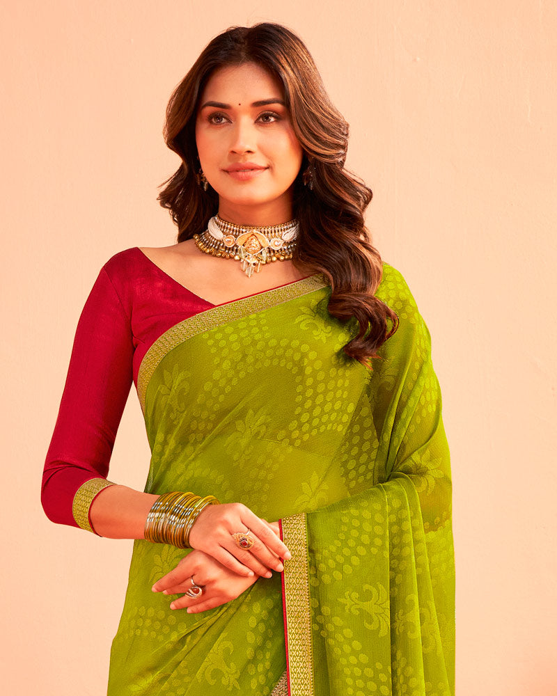 Vishal Prints Olive Yellow Printed Chiffon-Brasso Saree With Zari Border