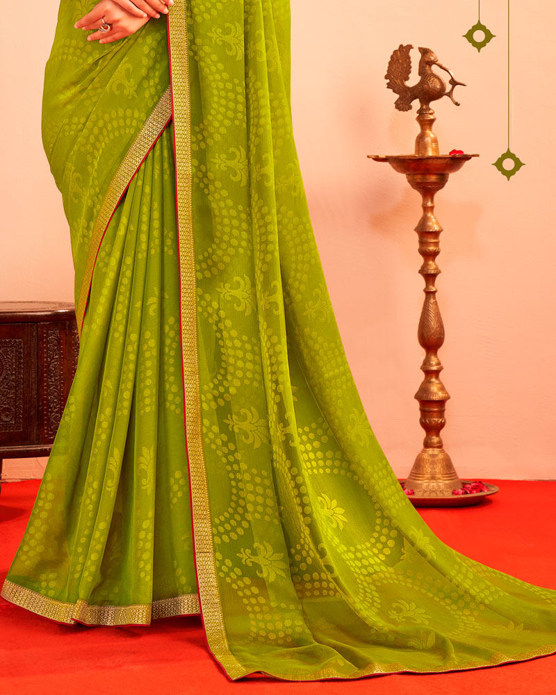 Vishal Prints Olive Yellow Printed Chiffon-Brasso Saree With Zari Border