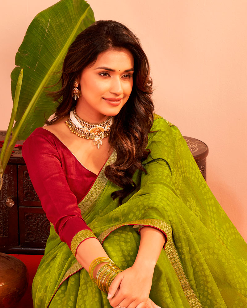 Vishal Prints Olive Yellow Printed Chiffon-Brasso Saree With Zari Border