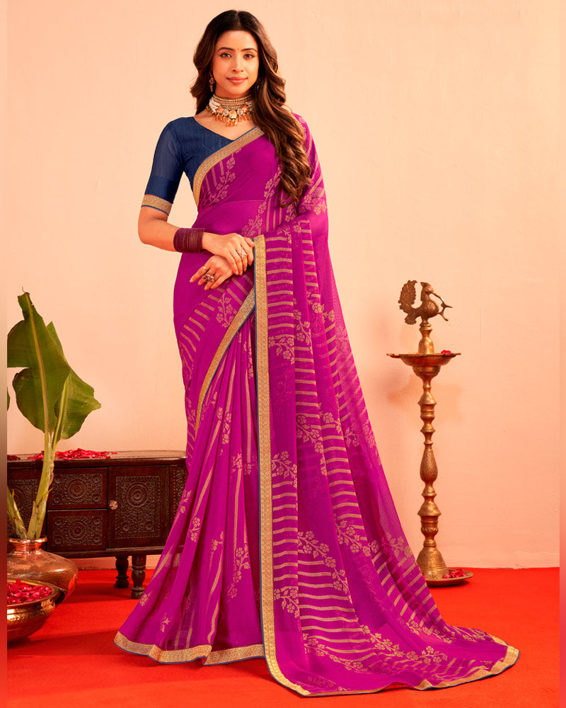 Vishal Prints Dark Fuchsia Printed Chiffon-Brasso Saree With Zari Border