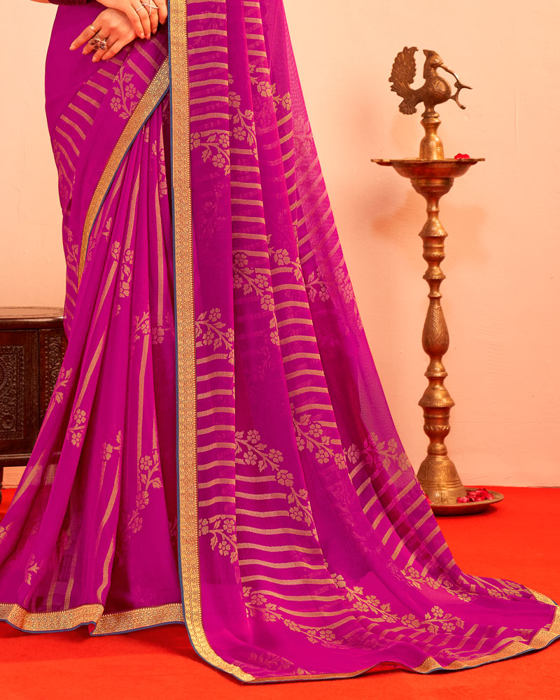 Vishal Prints Dark Fuchsia Printed Chiffon-Brasso Saree With Zari Border