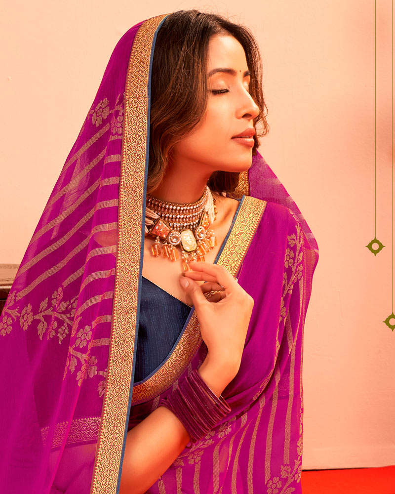 Vishal Prints Dark Fuchsia Printed Chiffon-Brasso Saree With Zari Border