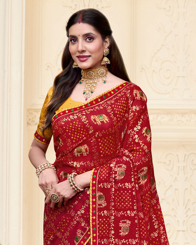 Vishal Prints Dark Red Printed Chiffon Bandhani Print Saree With Foil Print And Fancy Border