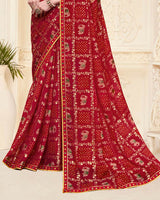 Vishal Prints Dark Red Printed Chiffon Bandhani Print Saree With Foil Print And Fancy Border